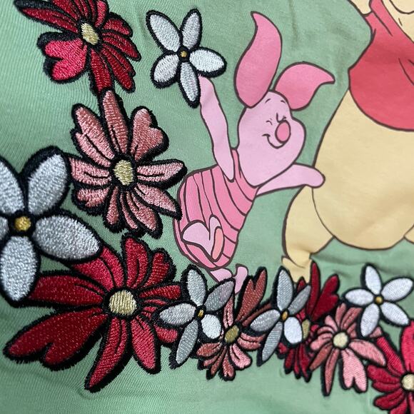 Disney Winnie The Pooh & Piglet Womens Medium Green T-Shirt Embroidered Flowers - Picture 3 of 12